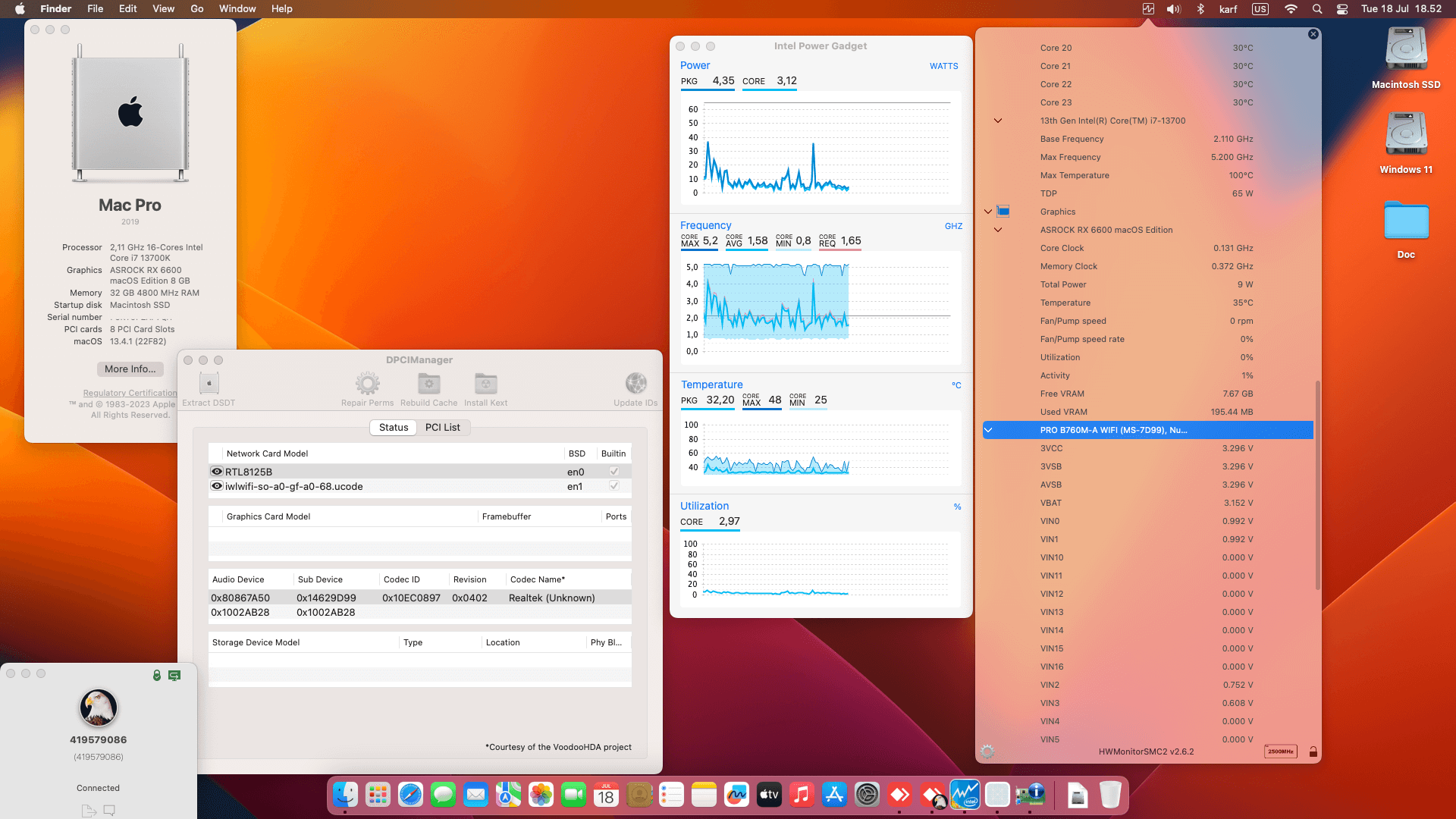 Success Hackintosh macOS Ventura 13.4.1 Build 22F82 in MSI Pro B760M-A Wifi + Intel Core i7 13700 + Asrock RX 6600